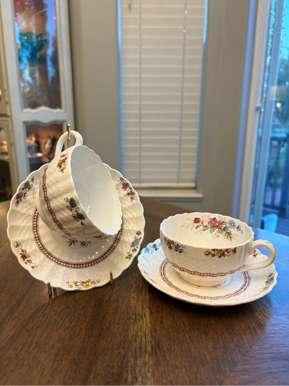 Set of 2 Copeland Spode Rosalie Pattern Footed Cup and Saucer